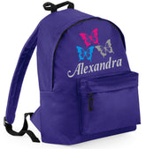 Edward Sinclair PERSONALISED | NAME BUTTERFLY DESIGN | Purple School Backpack | Blue, Silver & Pink Sparkling Glitter print